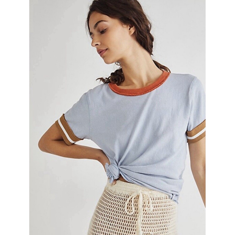 Free People We The Free Ringer Let’s Do This Tee Blue Brown Contrast Trim Sz S
